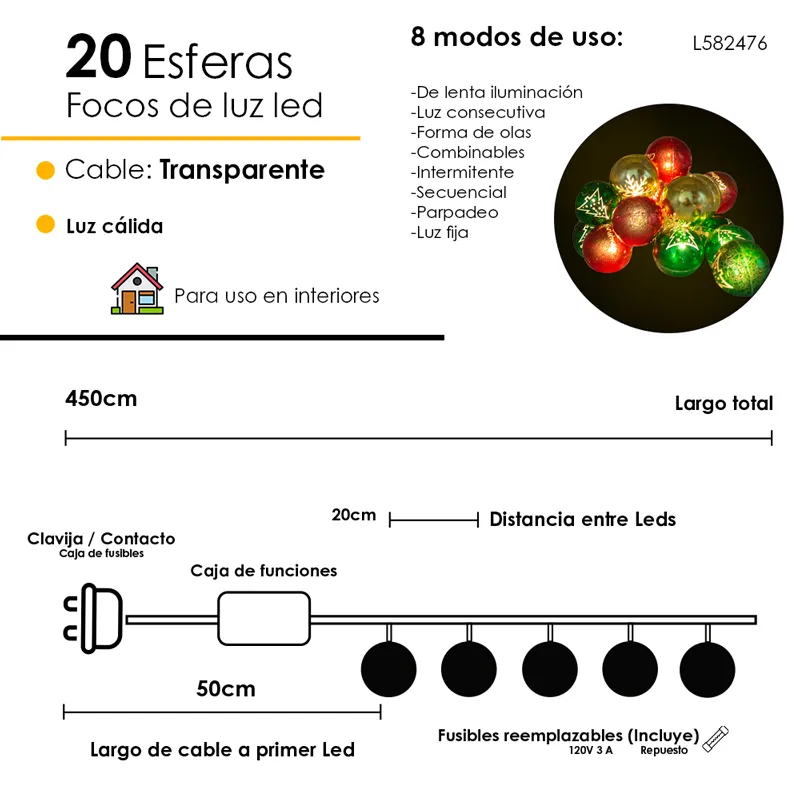Serie Navideña 20 Luces Led Forma Esferas Luz Cálida 4.5mts - Image 4