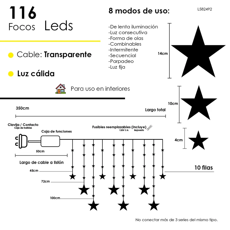 Serie Navideña Cascada De Estrellas Led Luz Cálida 3.5mts - Image 2