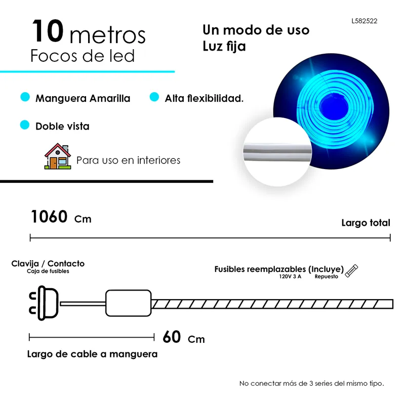 Manguera Navideña Luz Led Neon Azul Doble Vista 10 Metros - Image 4