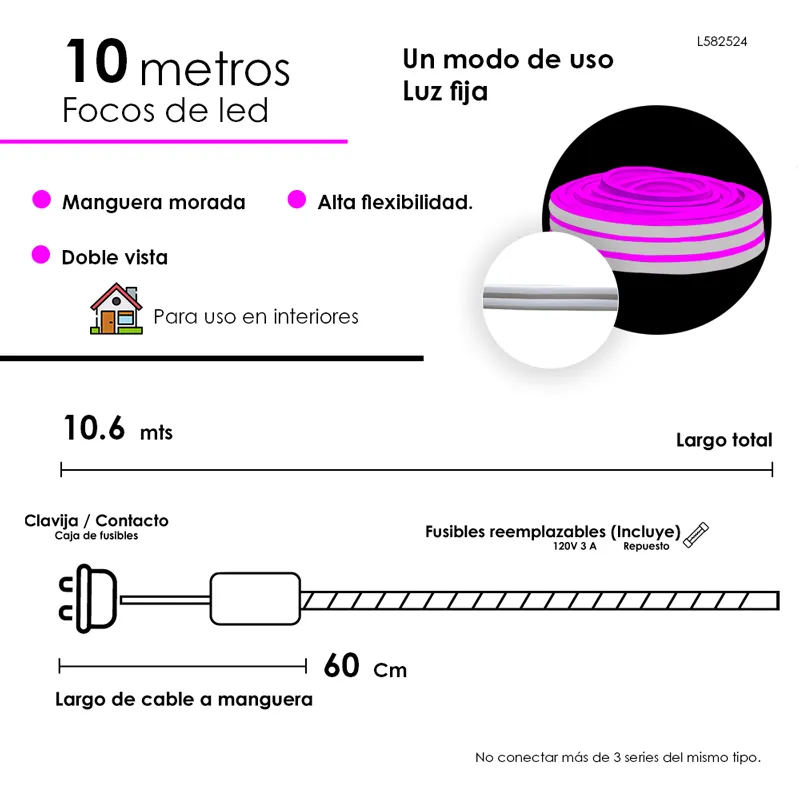 Manguera Navideña Luz Led Neon Morada Doble Vista 10 Metros - Image 4