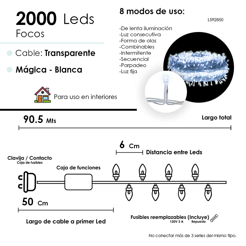 Serie Navideña 2000 Led Luz Blanca 90 Metros 8 Funciones - Image 4