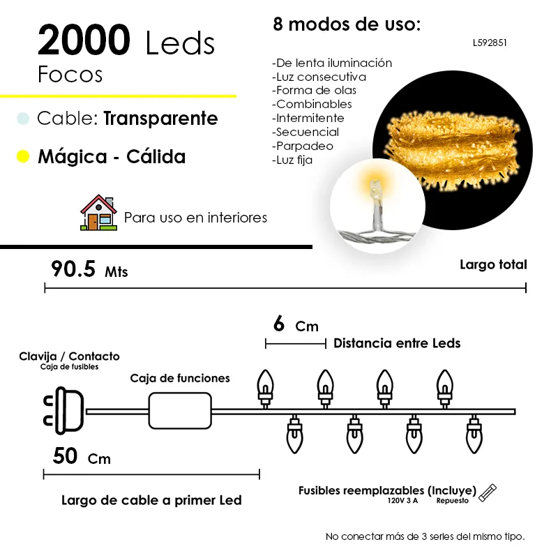 Serie Navideña 2000 Led Luz Cálida 90 Metros 8 Funciones - Image 4