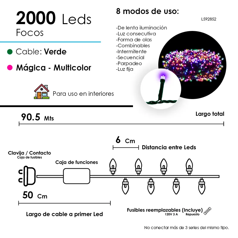 Serie Navideña 2000 Led Luz Multicolor 90mts Cable Verde 8 Funciones - Image 5