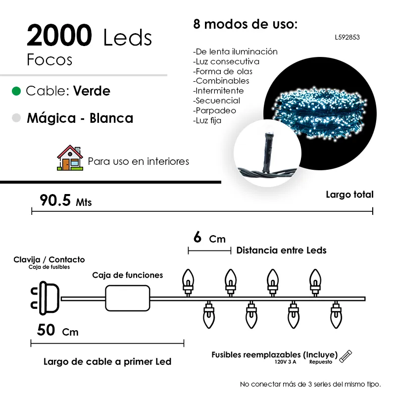 Serie Navideña 2000 Led Luz Blanca 90mts Cable Verde 8 Modos - Image 4