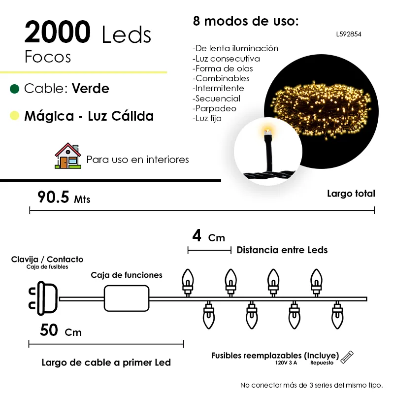 Serie Navideña 2000 Led Luz Cálida 90mts Cable Verde 8 Modos - Image 5