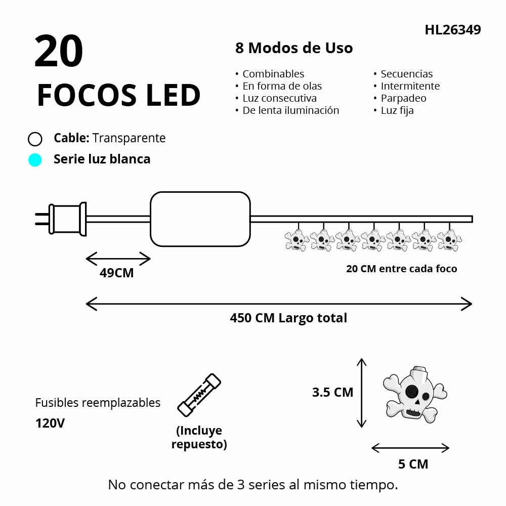 Serie De Luces Halloween Cabeza De Calavera 20l Led 8f - Imagen 2