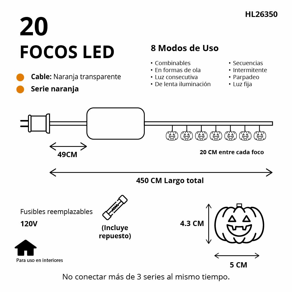 Serie De Luz Led Calabaza Plana Naranja 20 Focos 4.50 Mts - Image 2